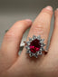 9ct White Gold Lab-Grown Diamond and Ruby Cluster Ring | 2.23ct Oval Ruby Centre