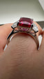 Platinum Lab-Grown Emerald Cut Ruby & Diamond Trilogy Ring | 4.08ct Emerald Cut Fine Jewellery
